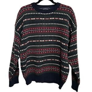 Woods & Gray Vtg Geometric Pattern Knit Sweater Mens XL Navy Burgundy Cotton 90s
